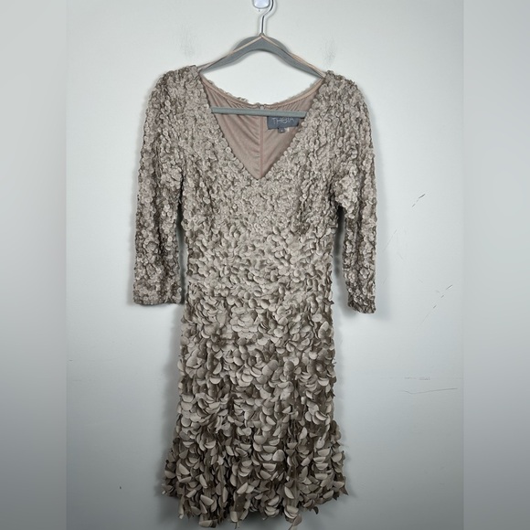 Theia Beige Petal Dress Champagne Pearl Detail Size 8 EUC